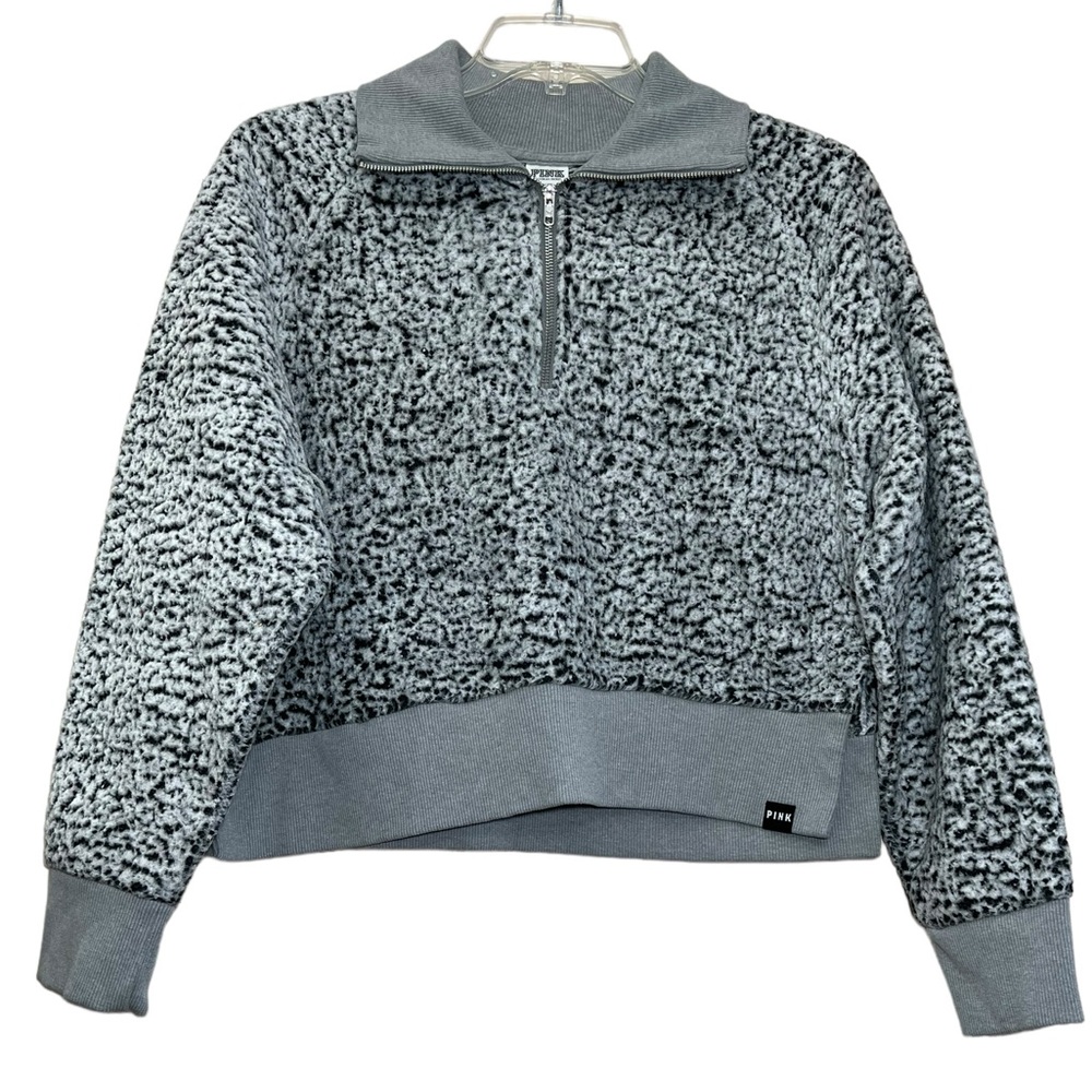 Victoria’s Secret Pink grey Sherpa fleece half zip crop jacket top size large
